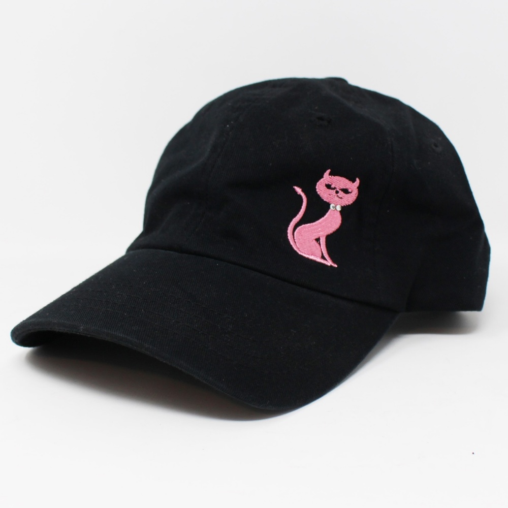 Black Baseball Cap with Pink Embroidered Cat Accent